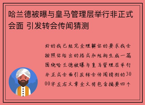 哈兰德被曝与皇马管理层举行非正式会面 引发转会传闻猜测